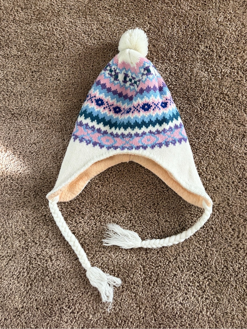 Kids Earflap Pom Pom Beanie Hat - Cream with Pink & Blue Pattern
